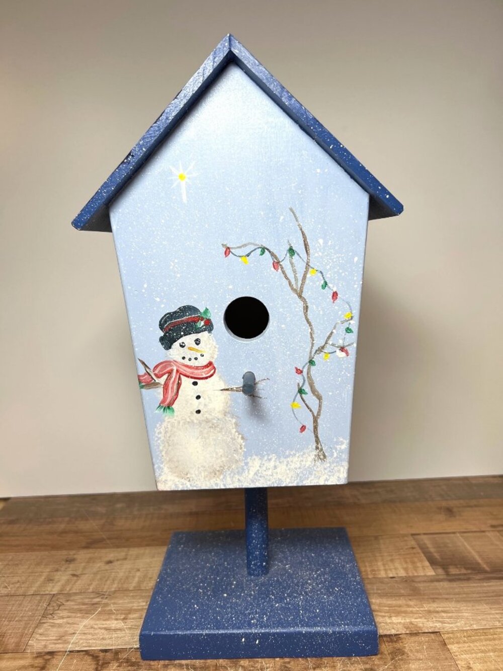 Hand-Painted Winter-Themed Birdhouse With Snowman & Holiday Lights Design